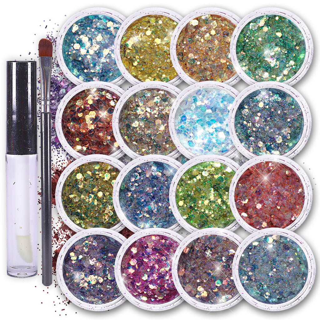 16 pack + 1 glitter glue Chunky Cosmetic Holographic Glitter | Body, Face & Hair Safe